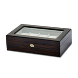 Luxury Giftware by Jere High Gloss Ebony Finish Veneer Beveled Glass Lid Locking Wooden 10-Watch Case