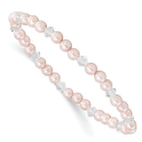 Childrens 4mm Pink Imitation Shell Pearl and Faceted Clear Crystal 45mm Stretch Bracelet