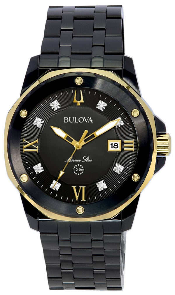 Bulova Marine Star Diamond Accents Black Dial Quartz 98D176 100M Men's Watch