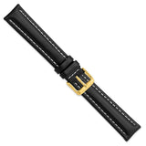 DeBeer 18mm Long Black Oil-tanned Leather with White Stitching and Gold-tone Buckle 8.25 inch Watch Band
