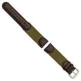 DeBeer 20mm Olive Army Style Nylon and Brown Leather with Stainless Steel Buckle 7.75 inch Watch Band