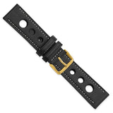 DeBeer 22mm Black Grand Prix Leather with White Stitching and Gold-tone Buckle 7.5 inch Watch Band