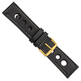 DeBeer 24mm Black Grand Prix Leather with White Stitching and Gold-tone Buckle 7.5 inch Watch Band