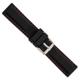 22mm Black Smooth Silicone Red Stitch Silver-tone Buckle Watch Band