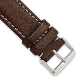 22mm Long Dark Brown Leather White Stitch Silver-tone Buckle Watch Band