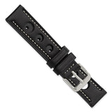 DeBeer 18mm Black Grand Prix Leather with White Stitching and Silver-tone Buckle 7.5 inch Watch Band