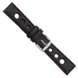 20mm Black Grand Prix Leather Red Stitch Silver-tone Buckle Watch Band