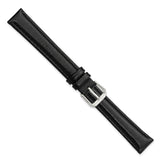 16mm Extra Long Black Smooth Leather Silver-tone Watch Band