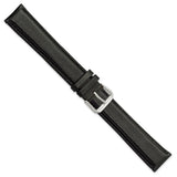 20mm Extra Long Black Smooth Leather Silver-tone Watch Band