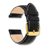 DeBeer 20mm Long Black Sport Leather with White Stitching and Gold-tone Buckle 8.5 inch Watch Band