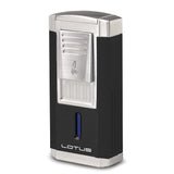 Lotus Duke Anodized Black Matte and Chrome Satin Triple Pinpoint Flame Lighter with Fold-out 60 Ring Gauge Cigar Cutter
