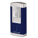 Lotus Duke Anodized Blue and Chrome Satin Triple Pinpoint Flame Lighter with Fold-out 60 Ring Gauge Cigar Cutter