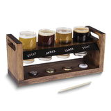 Craft Beer Taster Flight with Four 4 ounce Glasses, Chalkboard Panel, Soapstone Pencil, and Cap Holder Acacia Wood Tray