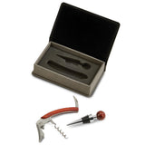 Stainless Steel and Wood Bottle Stopper and Bartender's Tool Set in Grey Leatherette Gift Box