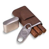 Brown Leather Three Cigar Case and Stainless Steel Cutter Set