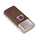 Brown Leather Three Cigar Case and Stainless Steel Cutter Set