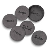 Cheers In 6 Languages Vintage Grey Leatherette Six Coaster and Holder Set (Salute, Cheers, Sante, Salud, Kanpai, Prost)