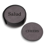 Cheers In 6 Languages Vintage Grey Leatherette Six Coaster and Holder Set (Salute, Cheers, Sante, Salud, Kanpai, Prost)
