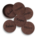 Cheers In 6 Languages Vintage Brown Leatherette Six Coaster and Holder Set (Salute, Cheers, Sante, Salud, Kanpai, Prost)