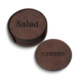 Cheers In 6 Languages Vintage Brown Leatherette Six Coaster and Holder Set (Salute, Cheers, Sante, Salud, Kanpai, Prost)
