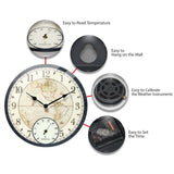 Orbis Black Indoor and Outdoor World Map Quartz Wall Clock with Thermometer