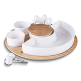 Ceramic and Bamboo Serving Tray Set with 3 Condiment Bowls, Semi-circular Bowl, and 6 Cocktail Picks