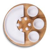 Ceramic and Bamboo Serving Tray Set with 3 Condiment Bowls, Semi-circular Bowl, and 6 Cocktail Picks