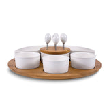 Ceramic and Bamboo Serving Tray Set with 3 Condiment Bowls, Semi-circular Bowl, and 6 Cocktail Picks