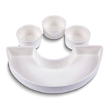 Ceramic and Bamboo Serving Tray Set with 3 Condiment Bowls, Semi-circular Bowl, and 6 Cocktail Picks