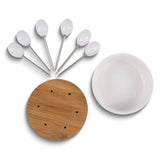 Ceramic and Bamboo Serving Tray Set with 3 Condiment Bowls, Semi-circular Bowl, and 6 Cocktail Picks