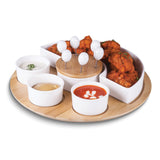 Ceramic and Bamboo Serving Tray Set with 3 Condiment Bowls, Semi-circular Bowl, and 6 Cocktail Picks