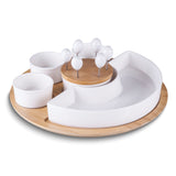 Ceramic and Bamboo Serving Tray Set with 3 Condiment Bowls, Semi-circular Bowl, and 6 Cocktail Picks