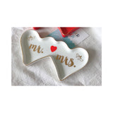 Double Heart MR AND MRS White with Gold-tone Ceramic Trinket Dish
