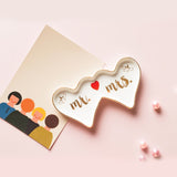 Double Heart MR AND MRS White with Gold-tone Ceramic Trinket Dish