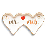 Double Heart MR AND MRS White with Gold-tone Ceramic Trinket Dish