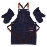 Dark Blue Denim Adult Apron with Oven Mitts