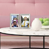 Silver-tone Portrait Hinged Polished Beaded 3x5 Double Photo Frame