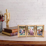 Gold-tone Portrait Hinged Polished Beaded 2x3 Triple Photo Frame