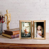 Gold-tone Portrait Hinged Polished Beaded 3x5 Double Photo Frame
