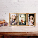 Gold-tone Portrait Hinged Polished Beaded 3x5 Triple Photo Frame