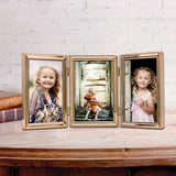 Gold-tone Portrait Hinged Polished Beaded 4x6 Triple Photo Frame