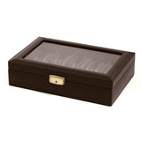 Brown Leather Glass Lid Fabric-Lined Locking 10-Watch Case