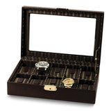 Brown Leather Glass Lid Fabric-Lined Locking 10-Watch Case