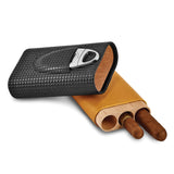 Luxury Giftware Black Carbon Fiber and Tan Polyurethane Cedar-Lined 3-Cigar Travel Case with Cigar Cutter