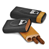 Luxury Giftware Black Carbon Fiber and Tan Polyurethane Cedar-Lined 3-Cigar Travel Case with Cigar Cutter