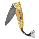 Luxury Giftware Limited Edition Damascus Steel 256 Layer Woolly Mammoth Tusk Ivory and Brass Handle Folding Knife with Leather Sheath and Wooden Gift Box