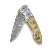 Luxury Giftware Damascus Steel 256 Layer Ram Horn Handle Folding Blade Knife with Leather Sheath and Wooden Gift Box