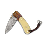 Luxury Giftware Damascus Steel 256 Layer Camel Bone Handle Folding Blade Knife with Leather Sheath and Wooden Gift Box