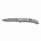 Luxury Giftware Damascus Steel 256 Layer Folding Blade Abalone Inlay Handle Knife with Leather Sheath and Wooden Gift Box