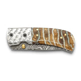 Luxury Giftware Limited Edition Damascus Steel 256 Layer Woolly Mammoth Tooth/Steel Handle Folding Knife with Leather Sheath and Wooden Gift Box